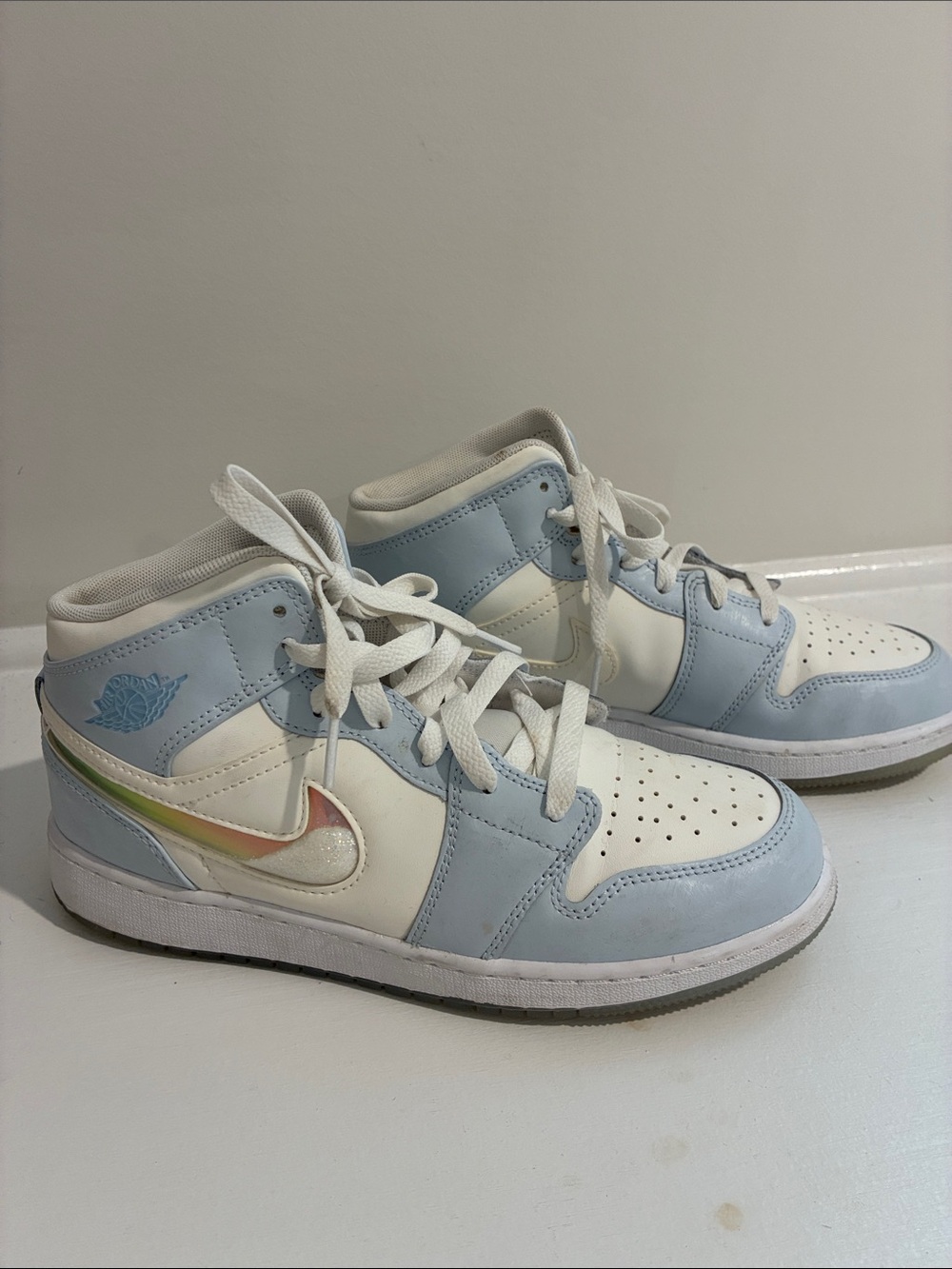 Nike Kids Light Blue and White High-Top Sneakers with Iridescent Swoosh